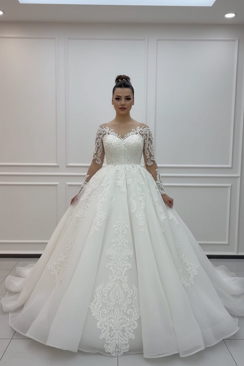 NIL White Ivory princess lace wedding dress with sweetheart neckline, cathedral train, bodice close-up detail, P035 image 4