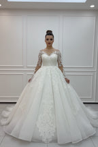 NIL White Ivory princess lace wedding dress with sweetheart neckline, cathedral train, bodice close-up detail, P035 image 4