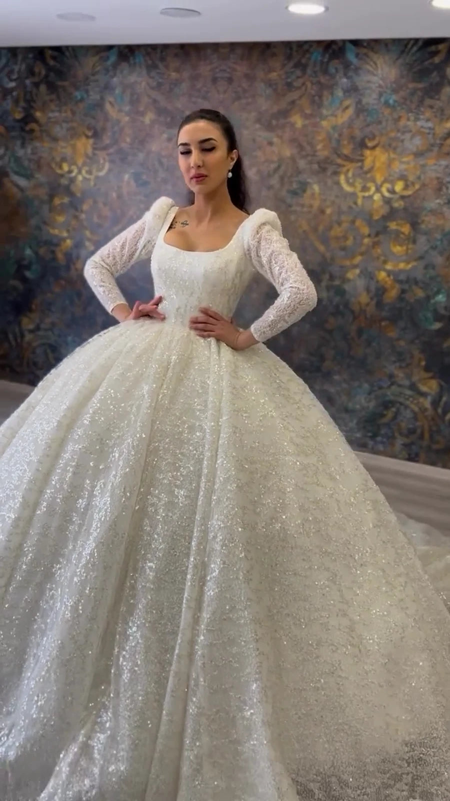 NIL Soft Ivory princess lace wedding dress with sweetheart neckline, cathedral train, front full view, P095 image 1