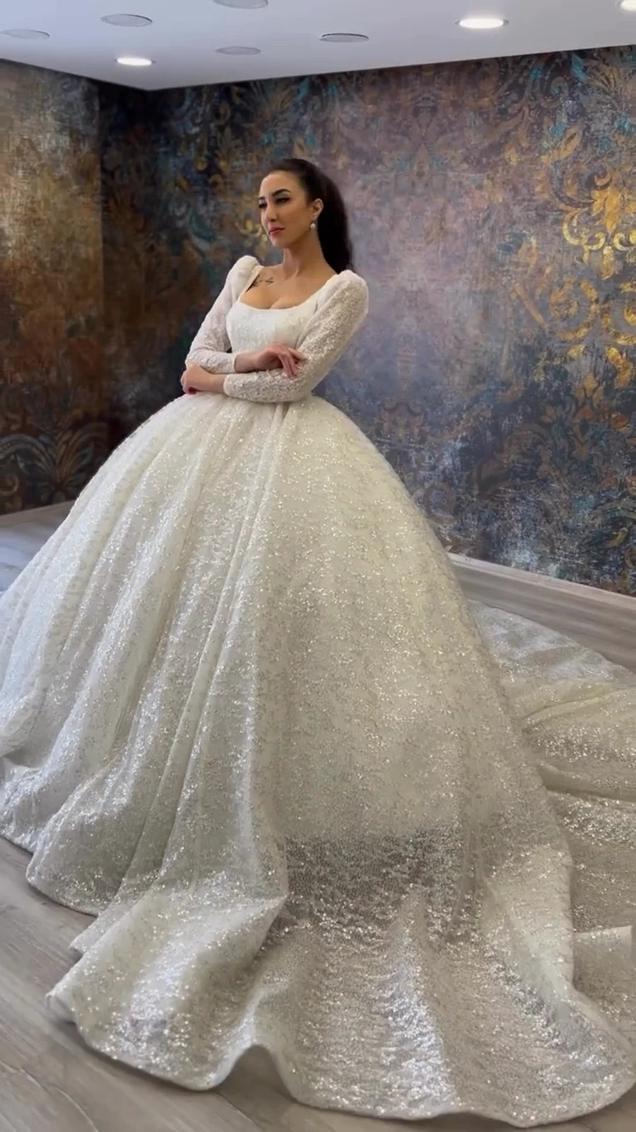 NIL Soft Ivory princess lace wedding dress with sweetheart neckline, cathedral train, side view, P095 image 2