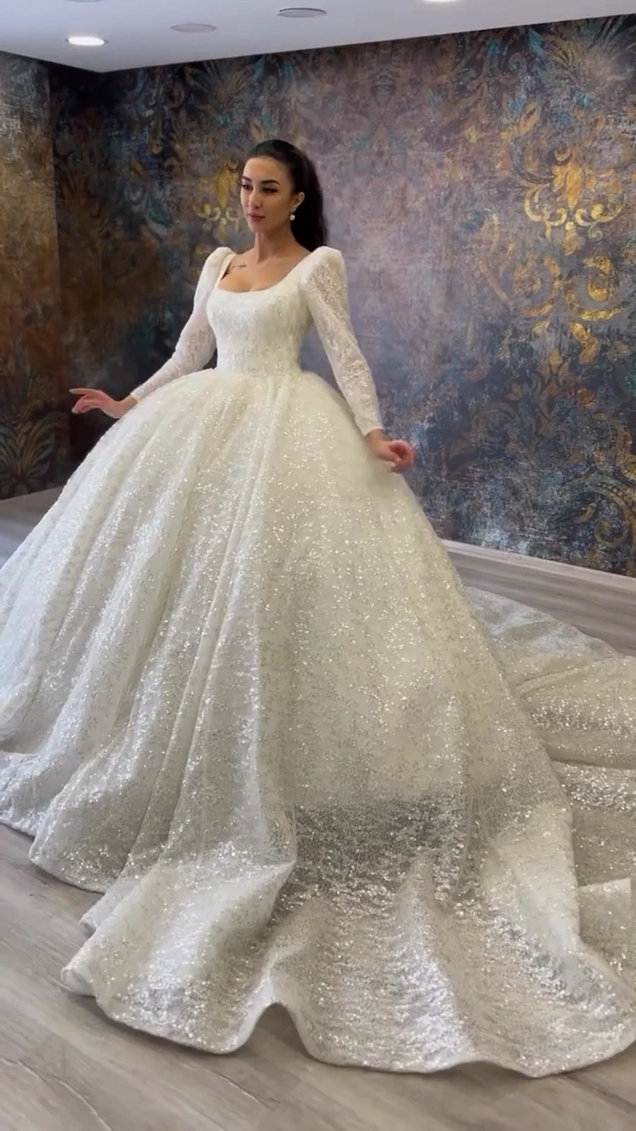 NIL Soft Ivory princess lace wedding dress with sweetheart neckline, cathedral train, back view, P095 image 3