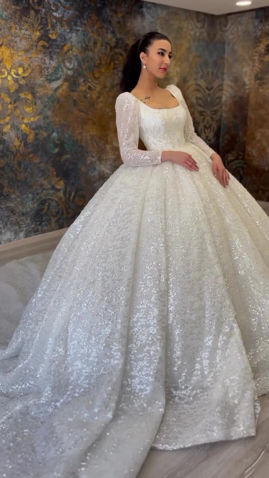 NIL Soft Ivory princess lace wedding dress with sweetheart neckline, cathedral train, lace embellishment detail, P095 image 7