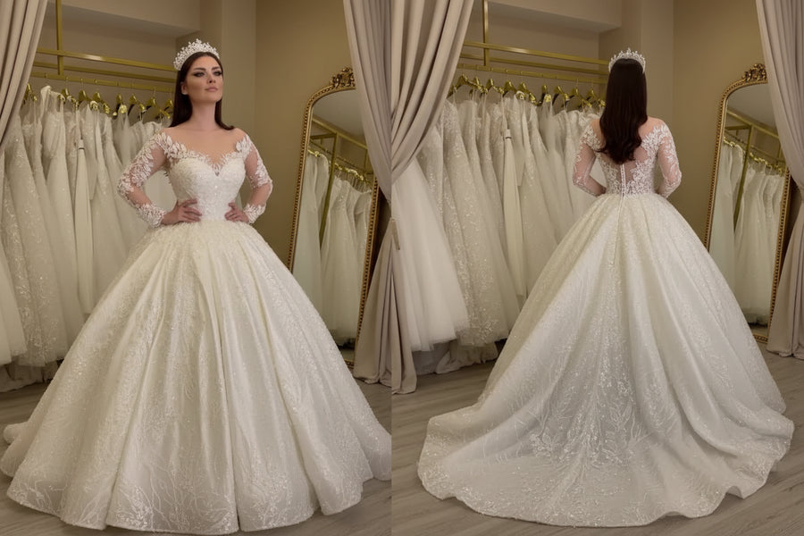 G21-110 Champagne Princess Lace Bridal Gown with Sweetheart Neckline and Cathedral Train