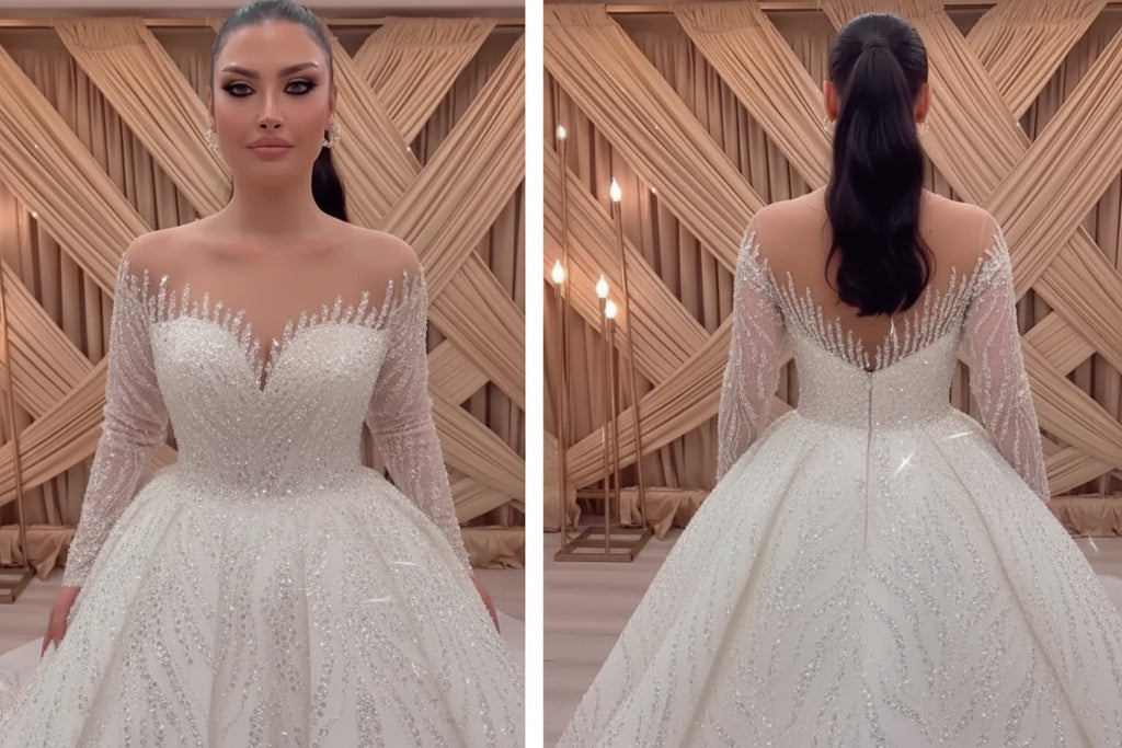 NIL Light Cream princess lace wedding dress with sweetheart neckline, cathedral train, side view, P111 image 2