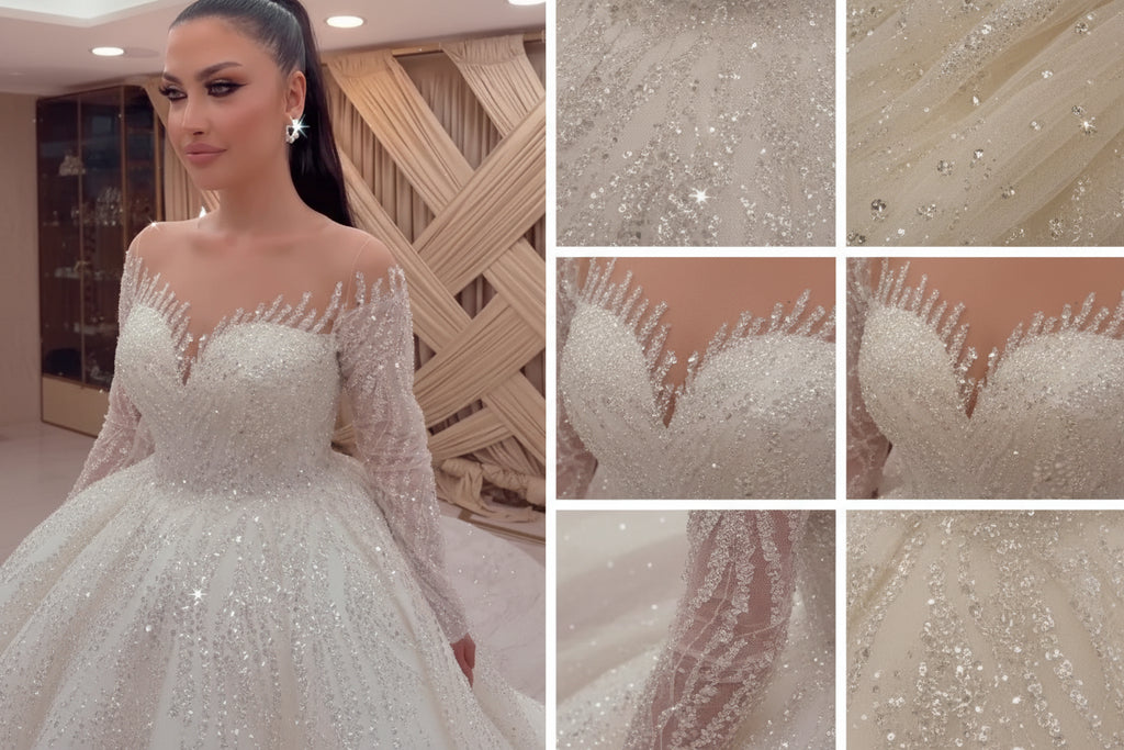 NIL Light Cream princess lace wedding dress with sweetheart neckline, cathedral train, bodice close-up detail, P111 image 4