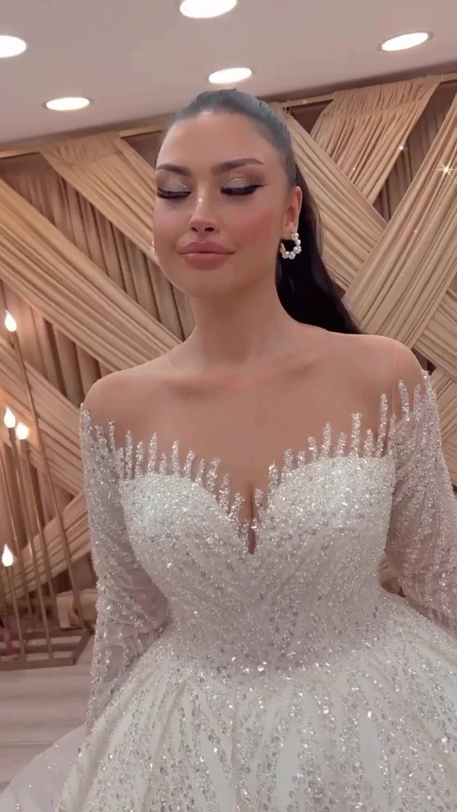 NIL Light Cream princess lace wedding dress with sweetheart neckline, cathedral train, skirt volume detail, P111 image 6