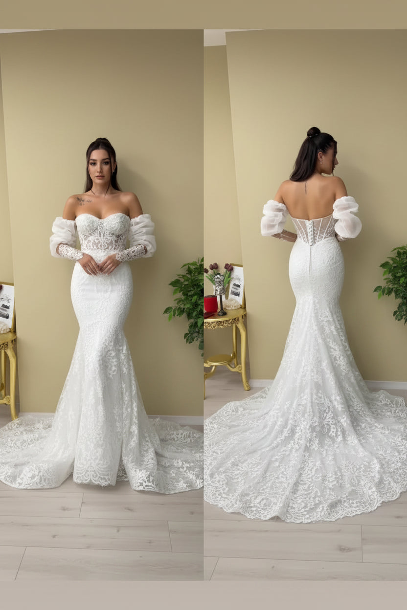 G21-112 Silver White Princess Lace Bridal Gown with Sweetheart Neckline and Cathedral Train