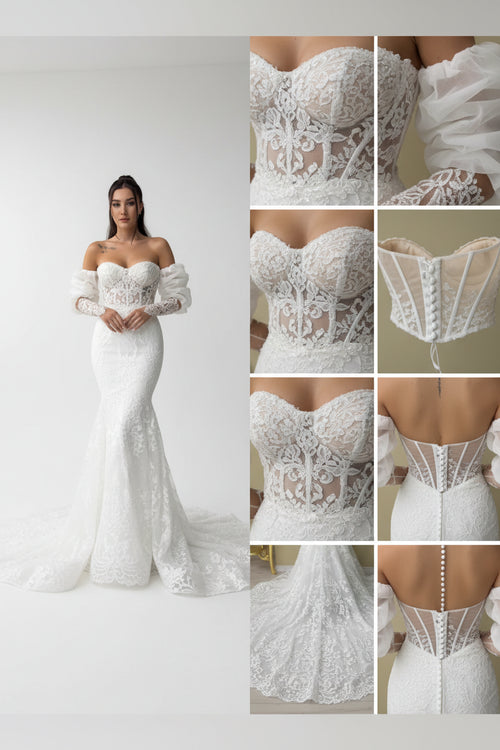 NIL-112 – Silver White Princesa renda vestido de noiva com decote coração e cauda catedral