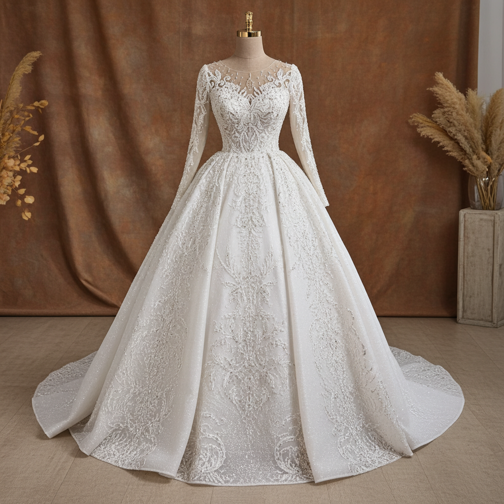 G21-061 Crystal Beaded Long Sleeve Luxury Ball Gown
