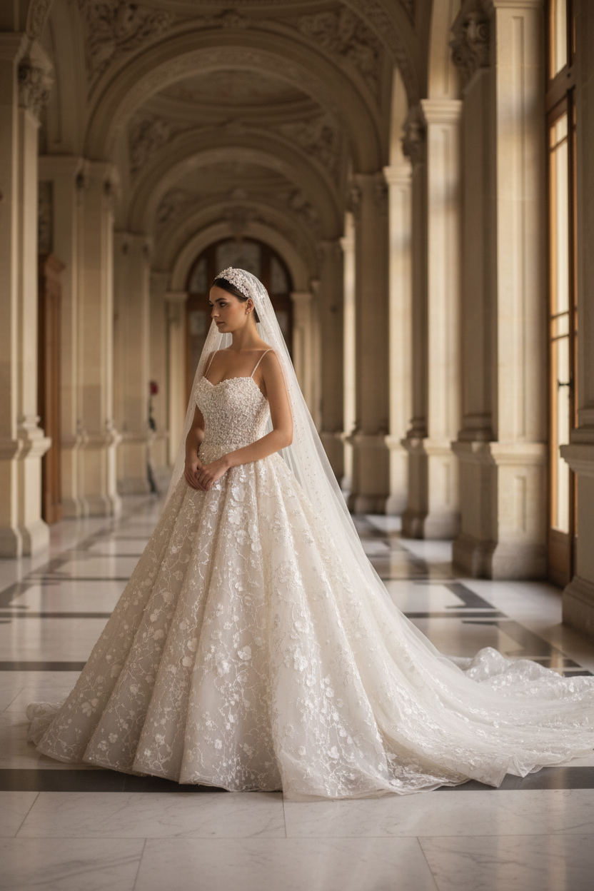 G21-101 Light Cream Princess Lace Bridal Gown with Sweetheart Neckline and Cathedral Train