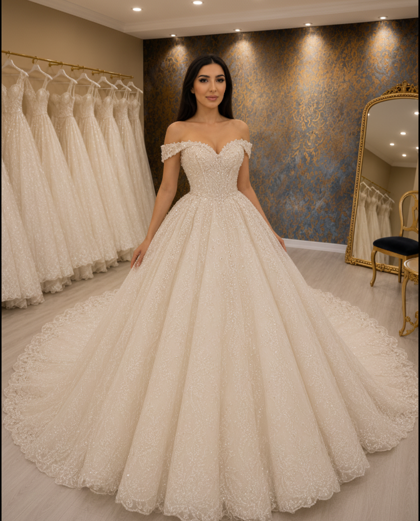 NIL-249 – šampaň Ivory plesové šaty Svatební šaty Glitter tyl krajka Sweetheart Off-Shoulder Křišťál Beaded Corseted katedrální vlečka Princezna Svatební