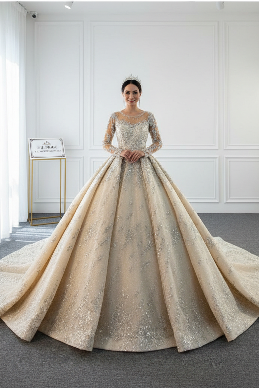 NIL-012 – šampaň Ivory princeznovské plesové šaty decentní šaty | Beaded krajka | High Neck | dlouhý rukáv | Křišťál Beading | katedrální vlečka