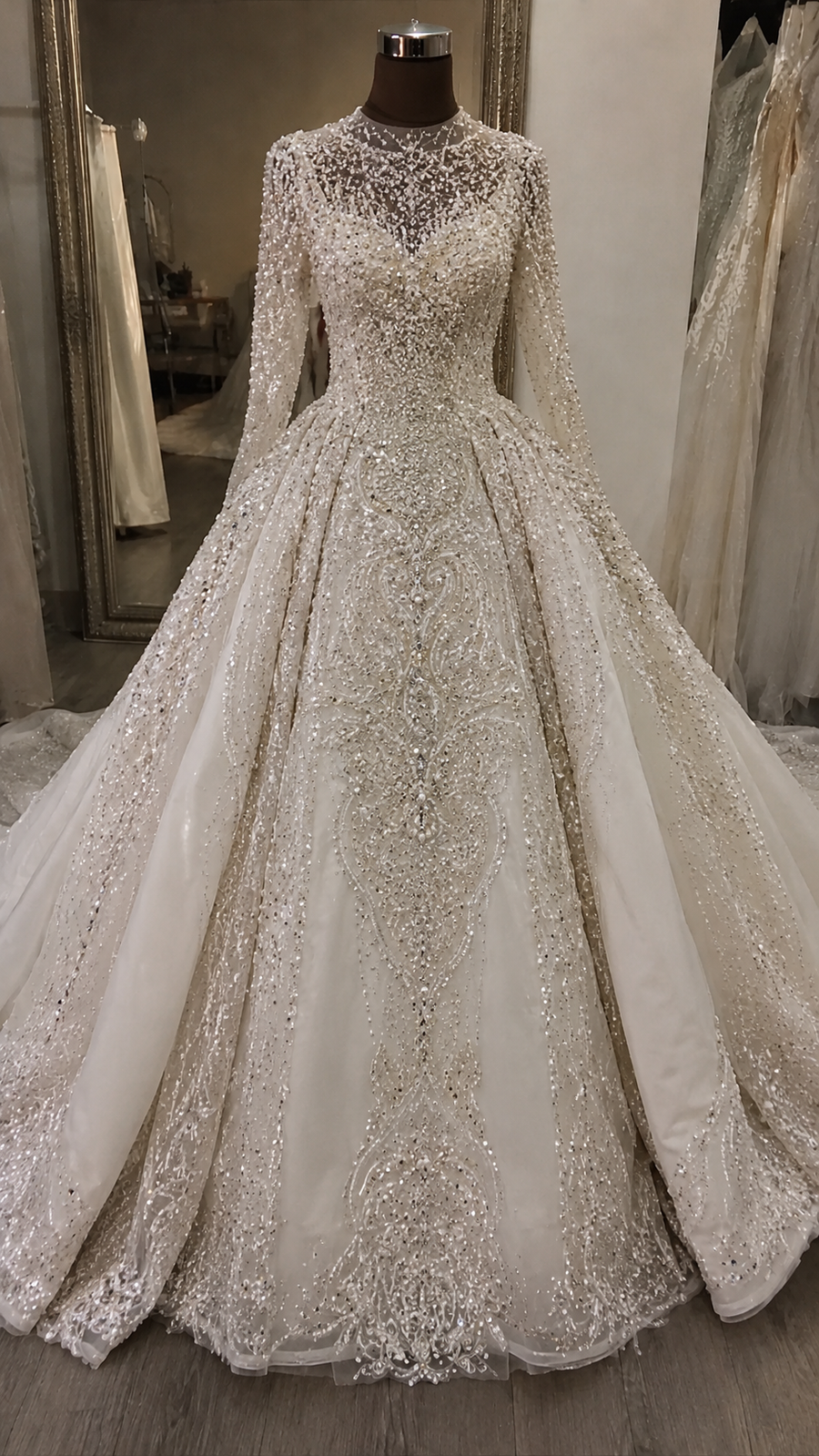 G21-059 Full Crystal Embroidered Long Sleeve Royal Ball Gown