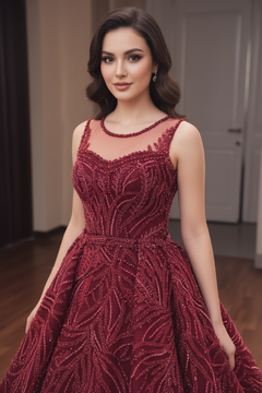 CANX Yakın Çekim - Burgundy Crystal Leaf Gown