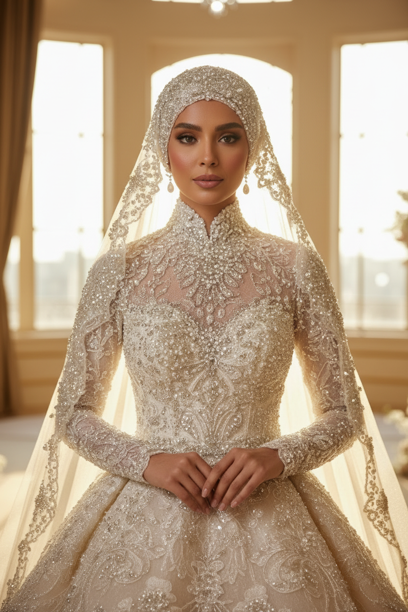 NIL-008 – Königlich Modest Couture Brautrobe mit Hijab und Kristallstickerei