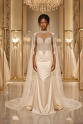 NIL-144-Champagne-Column-Sheath-Wedding-Dress-High-Neck-Illusion-Sleeveless-Crystal-Beading-Cinched-Waist-Sweep-Train-Cape-Veil-Dubai-Couture-Gulf-Luxury-Front-View