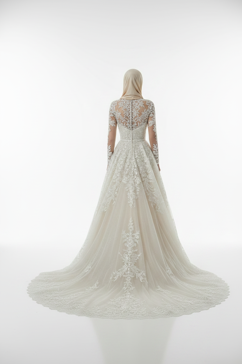 G21-135 CHAMPAGNE-IVORY-A-LINE-WEDDING-DRESS-BEADED-LACE-HIGH-NECKLINE-LONG-SLEEVE-CRYSTAL-PEARL-EMBROIDERY-NATURAL-WAIST-ROYAL-TRAIN-TIMELESS-MODEST--GULF-HIJAB-FRIENDLY-FRONT-VIEW