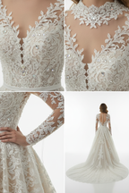 G21-135 CHAMPAGNE-IVORY-A-LINE-WEDDING-DRESS-BEADED-LACE-HIGH-NECKLINE-LONG-SLEEVE-CRYSTAL-PEARL-EMBROIDERY-NATURAL-WAIST-ROYAL-TRAIN-TIMELESS-MODEST--GULF-HIJAB-FRIENDLY-FRONT-VIEW