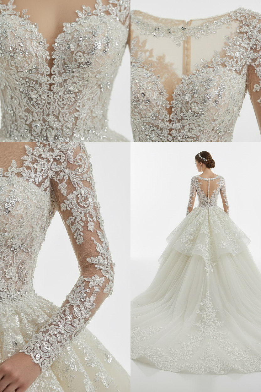 G21-133 SOFT-IVORY-PRINCESS-BALL-GOWN-WEDDING-DRESS-SEQUIN-LACE-BATEAU-NECKLINE-LONG-SLEEVE-SEQUIN-CRYSTAL-EMBROIDERY-NATURAL-WAIST-CATHEDRAL-TRAIN-GLAMOUR-ROYAL--GULF-MODEST-FRONT-VIEW