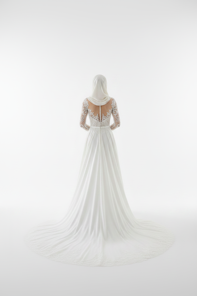 G21-132 SOFT-IVORY-A-LINE-WEDDING-DRESS-CRYSTAL-LACE-ILLUSION-NECKLINE-LONG-SLEEVE-CRYSTAL-PEARL-BEADING-NATURAL-WAIST-CHAPEL-TRAIN-MODERN-MODEST--GULF-HIJAB-FRIENDLY-FRONT-VIEW