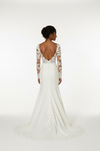 NIL-148-Soft-Ivory-Fit-and-Flare-Wedding-Dress-Square-Neckline-Transparent-Lace-Sleeve-Lace-Applique-Natural-Waist-Chapel-Train-Gulf-Luxury-Front-View