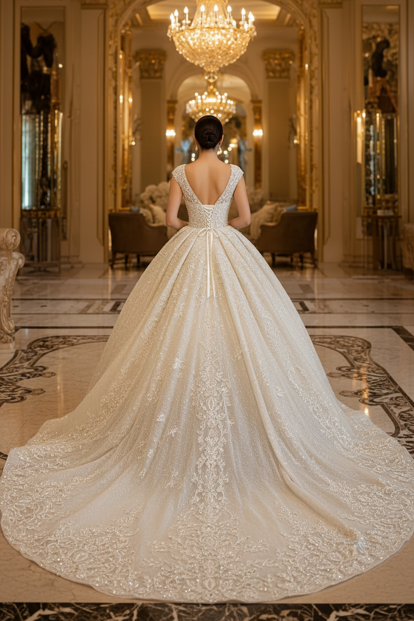 NIL-142-Soft-Ivory-Princess-Ball-Gown-Wedding-Dress-V-Neckline-Cap-Sleeve-Crystal-Pearl-Beaded-Lace-Applique-Natural-Waist-Cathedral-Train-Royal-Dubai-Gulf-Luxury-Front-View
