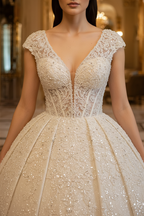 NIL-142-Soft-Ivory-Princess-Ball-Gown-Wedding-Dress-V-Neckline-Cap-Sleeve-Crystal-Pearl-Beaded-Lace-Applique-Natural-Waist-Cathedral-Train-Royal-Dubai-Gulf-Luxury-Front-View