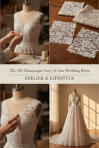G21-135 CHAMPAGNE-IVORY-A-LINE-WEDDING-DRESS-BEADED-LACE-HIGH-NECKLINE-LONG-SLEEVE-CRYSTAL-PEARL-EMBROIDERY-NATURAL-WAIST-ROYAL-TRAIN-TIMELESS-MODEST--GULF-HIJAB-FRIENDLY-FRONT-VIEW