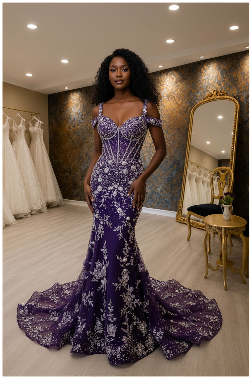 NIL-NS-268 Deep Purple Royal Crystal Mermaid Engagement Dress - Front View