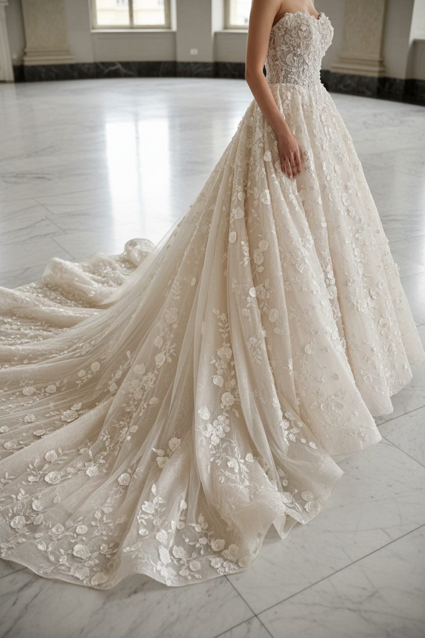 NIL Champagne princess lace wedding dress skirt volume cathedral train detail NNC104