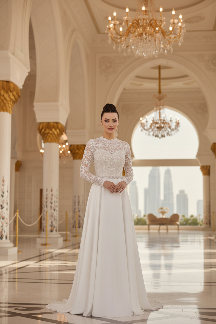 NIL-115 Soft White Modest Wedding Dress – Editorial View