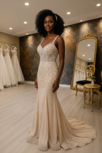 NIL-NS-255 Gold Champagne Crystal Fit-and-Flare Engagement Dress - Front View