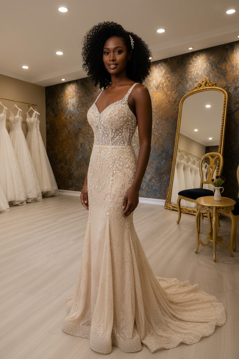 G21-NS-255 Gold Champagne Crystal Fit-and-Flare Engagement Dress