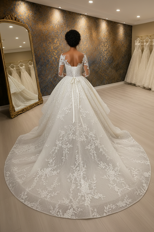 NIL-027 Soft Ivory Royal Princess Ball Gown back view no veil by NIL Wedding Dress