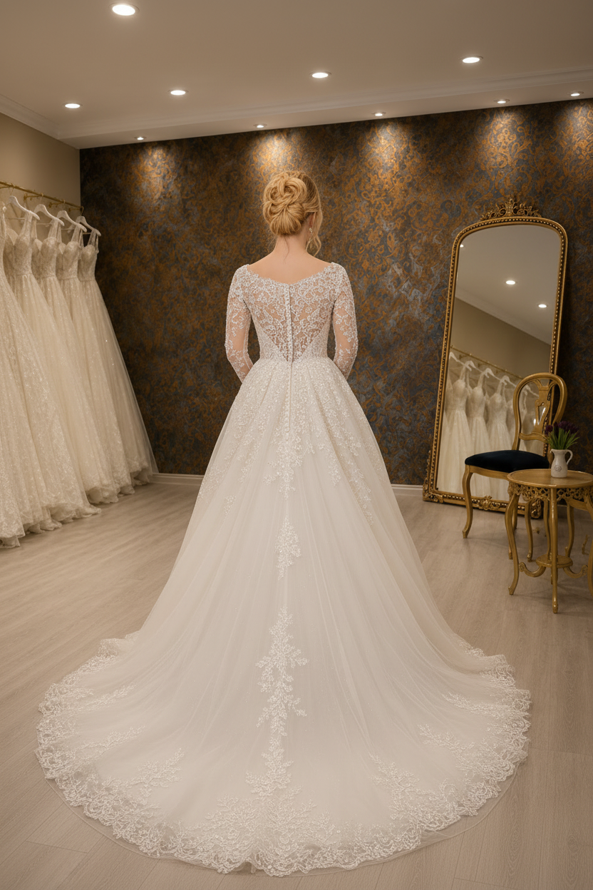 NIL-078 Elegant Ivory Γραμμή Α σεμνό Νυφικό – πίσω όψη