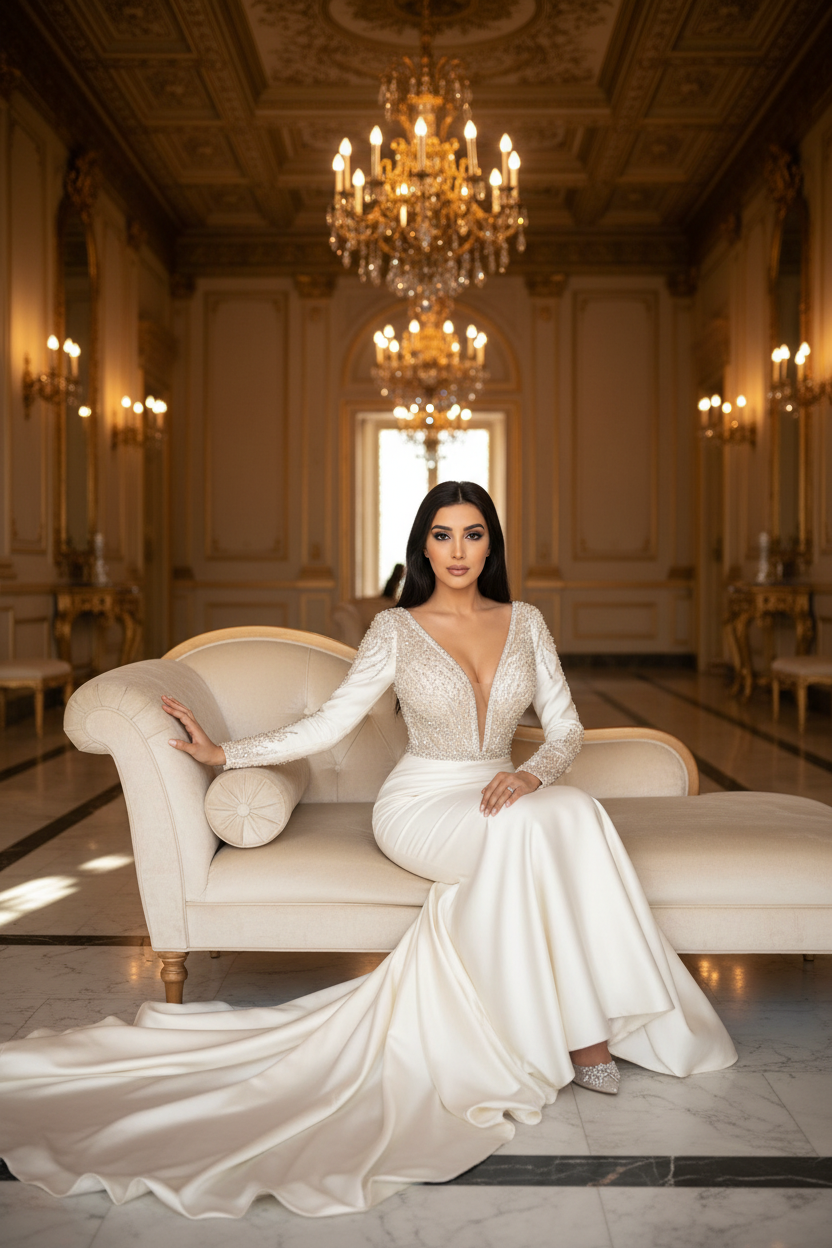 NIL-092 blød ivory Havfrue Couture kjole – Seated Pose