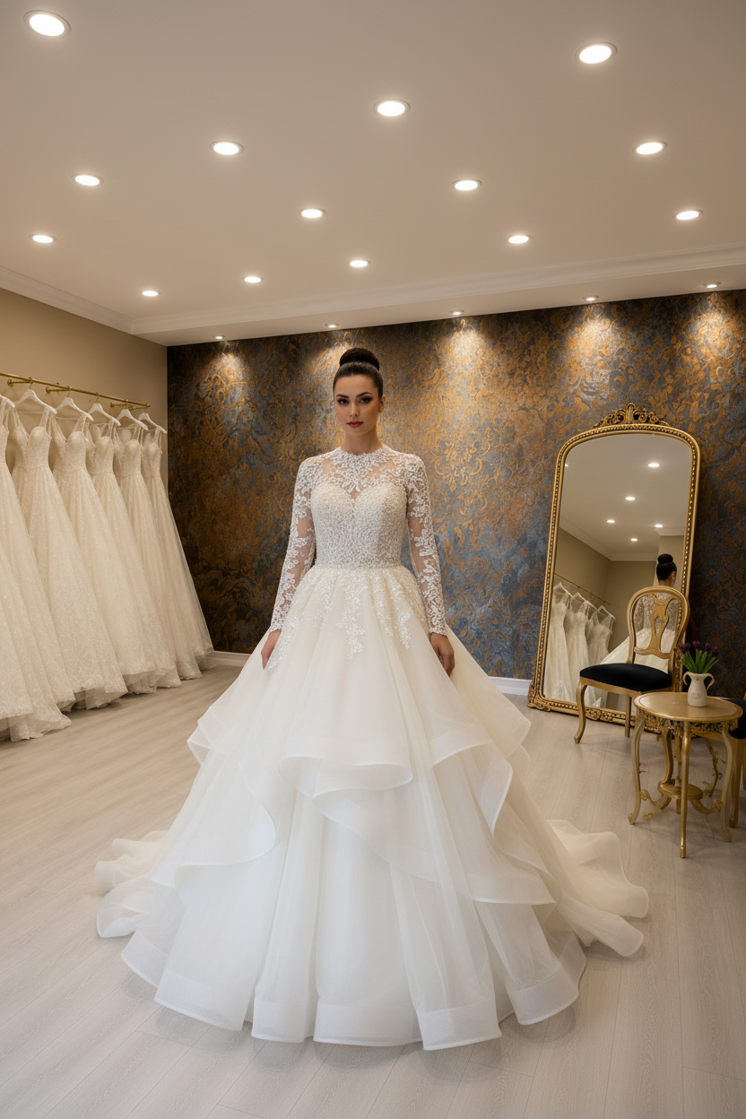 G21-036 Soft Ivory Modest Hijab Princess Gown | High Neckline | Long Lace Sleeve | Layered Tulle Skirt | Pearl Details | Gulf Luxury Bridal