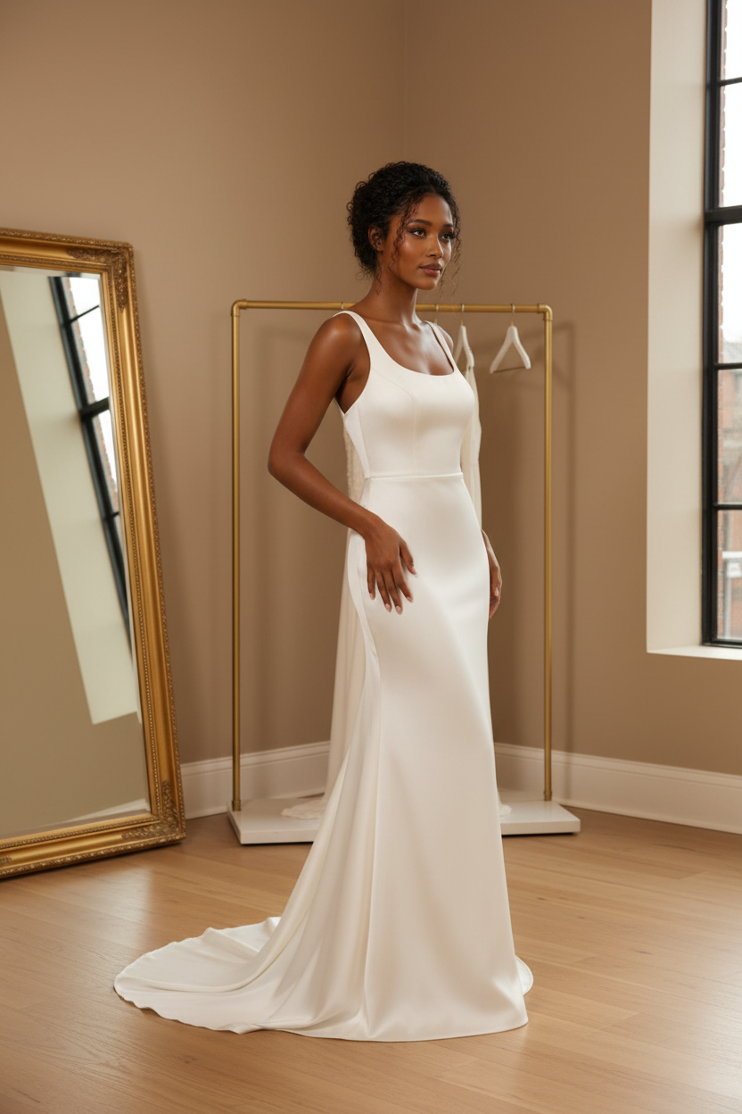 G21-041 Ultra-Minimal Ivory Satin Bridal Gown | Clean Fitted Silhouette | Straight Neckline | Luxury Bridal