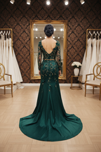 NIL-NS-231 Emerald Green Gold Crystal Column Engagement Dress - Back View