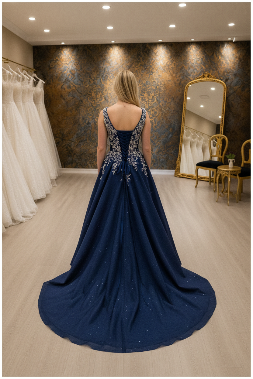 NIL-NS-252 Navy Blue Silver 3D Floral Pearl A-Line Engagement Dress - Back View