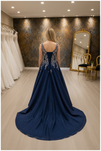 NIL-NS-252 Navy Blue Silver 3D Floral Pearl A-Line Engagement Dress - Back View