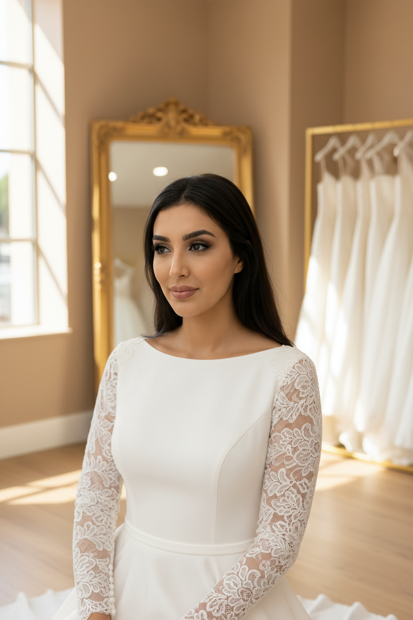 G21-071 Modern Modest High Neck Bridal Gown | Long Sleeves | Lace Accents | Hijab-Friendly | Gulf Luxury Bridal