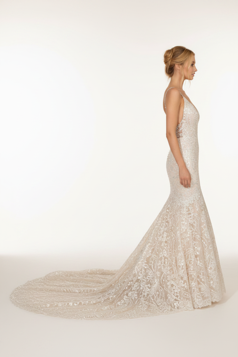NIL-125 champagne ivory Havfrue Brudekjole sidevisning med dramatic silhuet by NIL Brudekjole