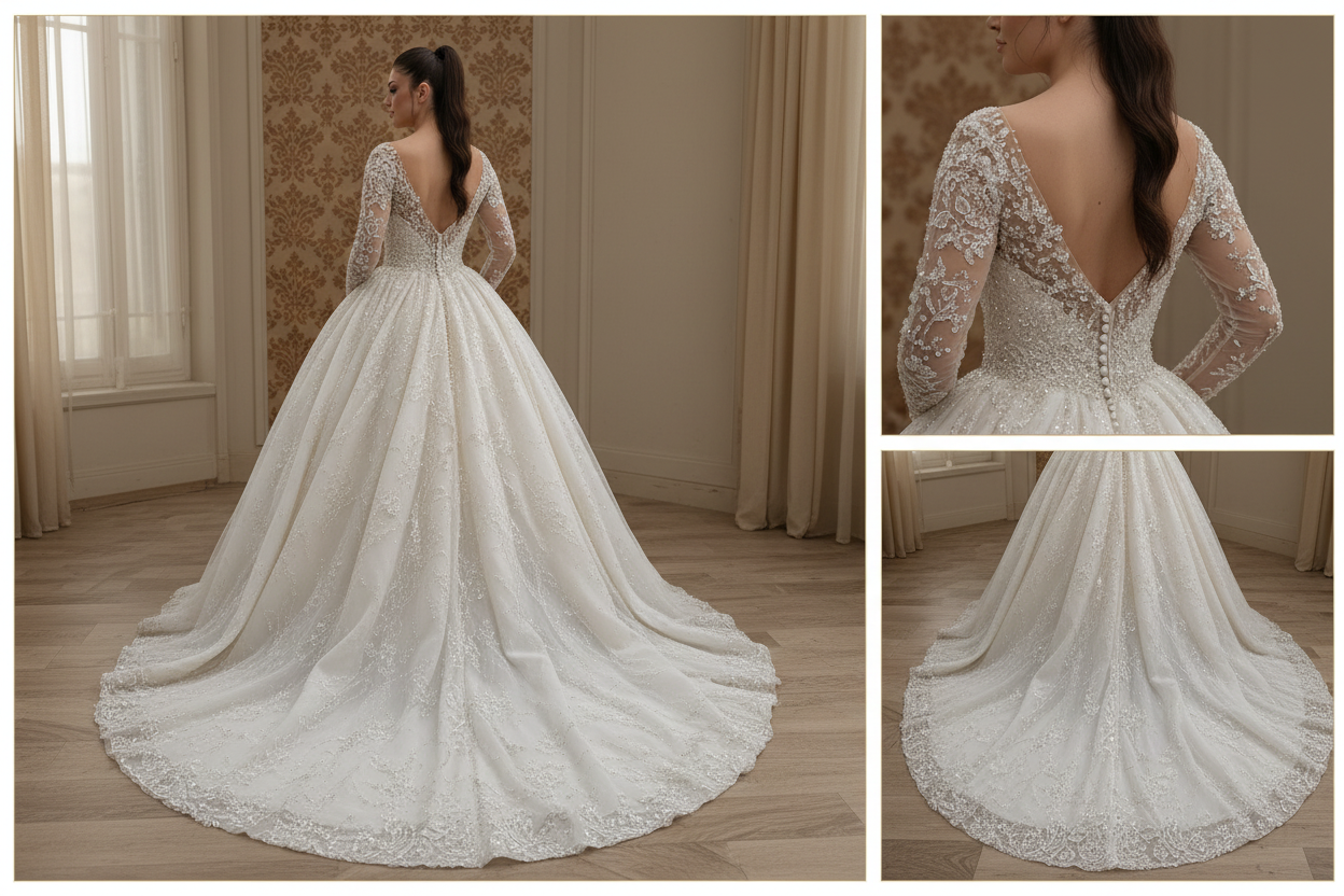NNC-004 off-white prinsessebalkjole – bagfra med katedralslæb Detail – NIL Brudekjole