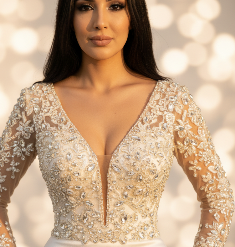NIL-092 – jemná slonová kost Mořská panna Couture šaty | satén | Deep V-Neckline | dlouhý rukáv | Křišťál Beading | Královský vlečka