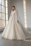 G21-243 Voluminous Lace Ball Gown with Chapel Veil | High Neck | Long Lace Sleeves | Modest Couture