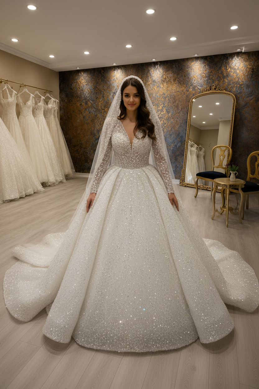 NIL-255 – All-Over Sequin & Kristal V-Neck Balo gelinliği ile Kristal Duvak | Uzun kollu | Gulf Couture