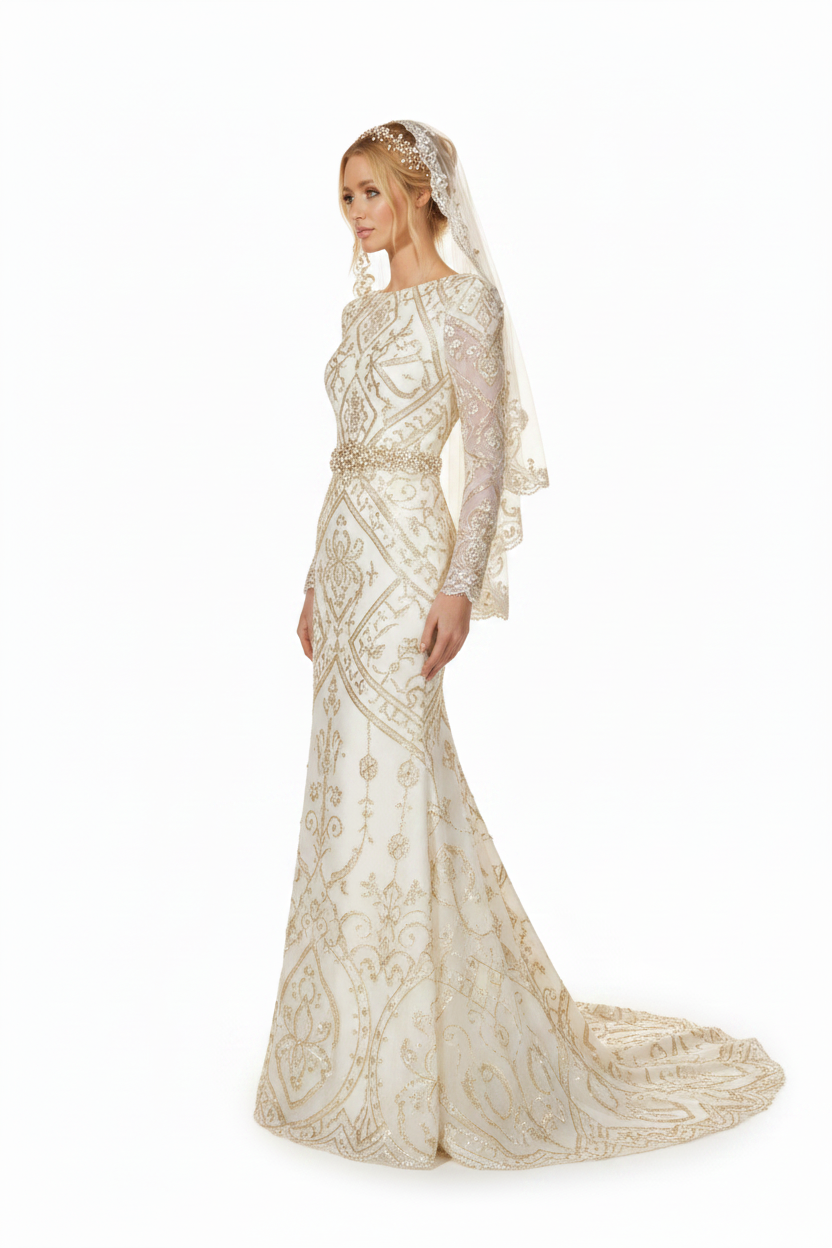 NNC-108 Cream nowoczesny Syrena suknia ślubna - Side Profile