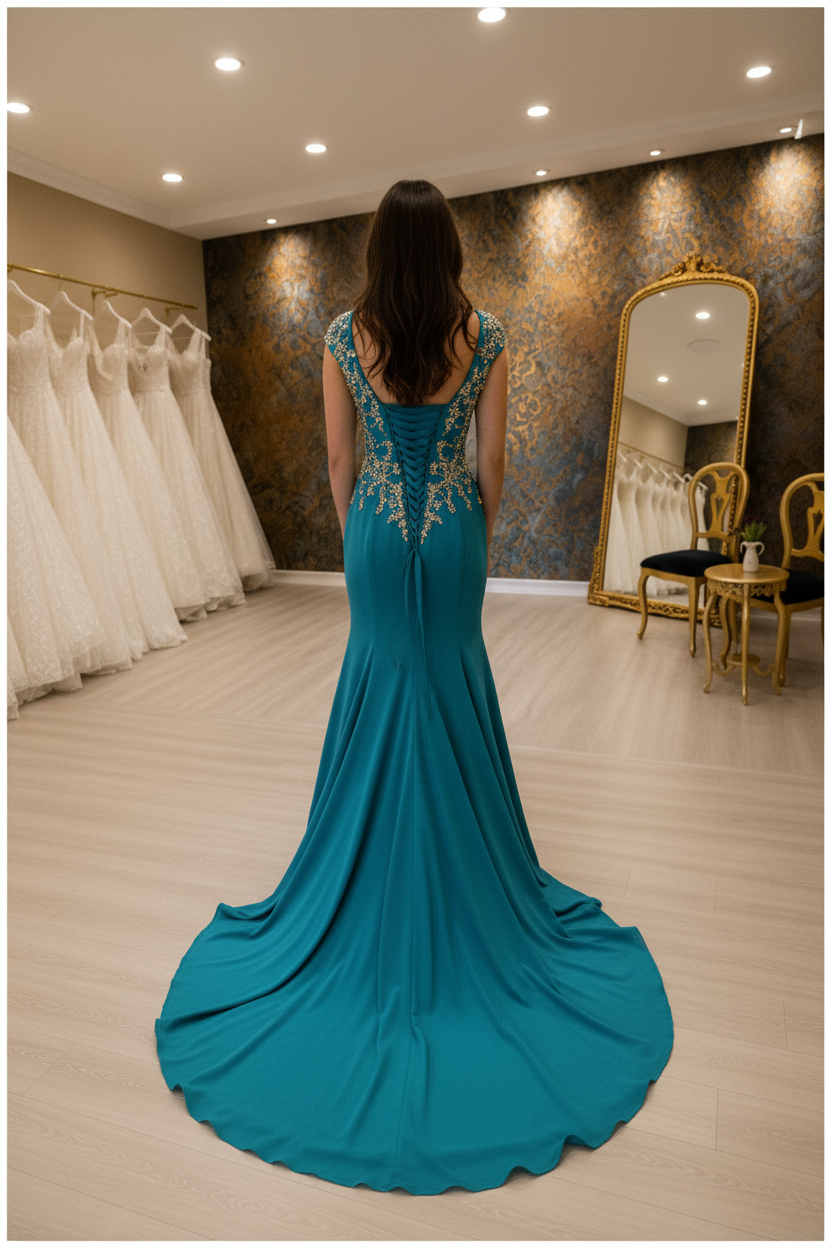 NIL-NS-250 Teal Turquoise Gold Crystal Mermaid Engagement Dress - Back View