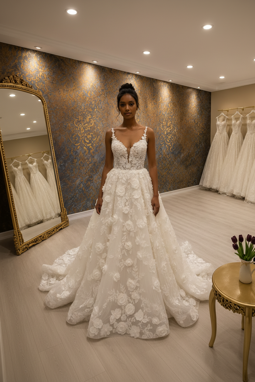 NIL-056 3D Floral Fairytale Brautrobe – Vorderansicht